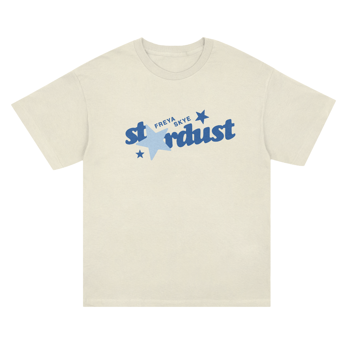 cream colored t-shirt with blue freya skye stardust graphic